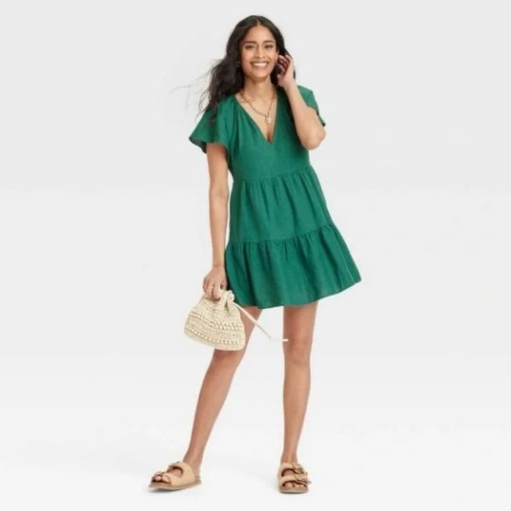 Women's Flutter Short Sleeve Mini Skater Dress S Green Linen Universal Thread - Picture 3 of 12